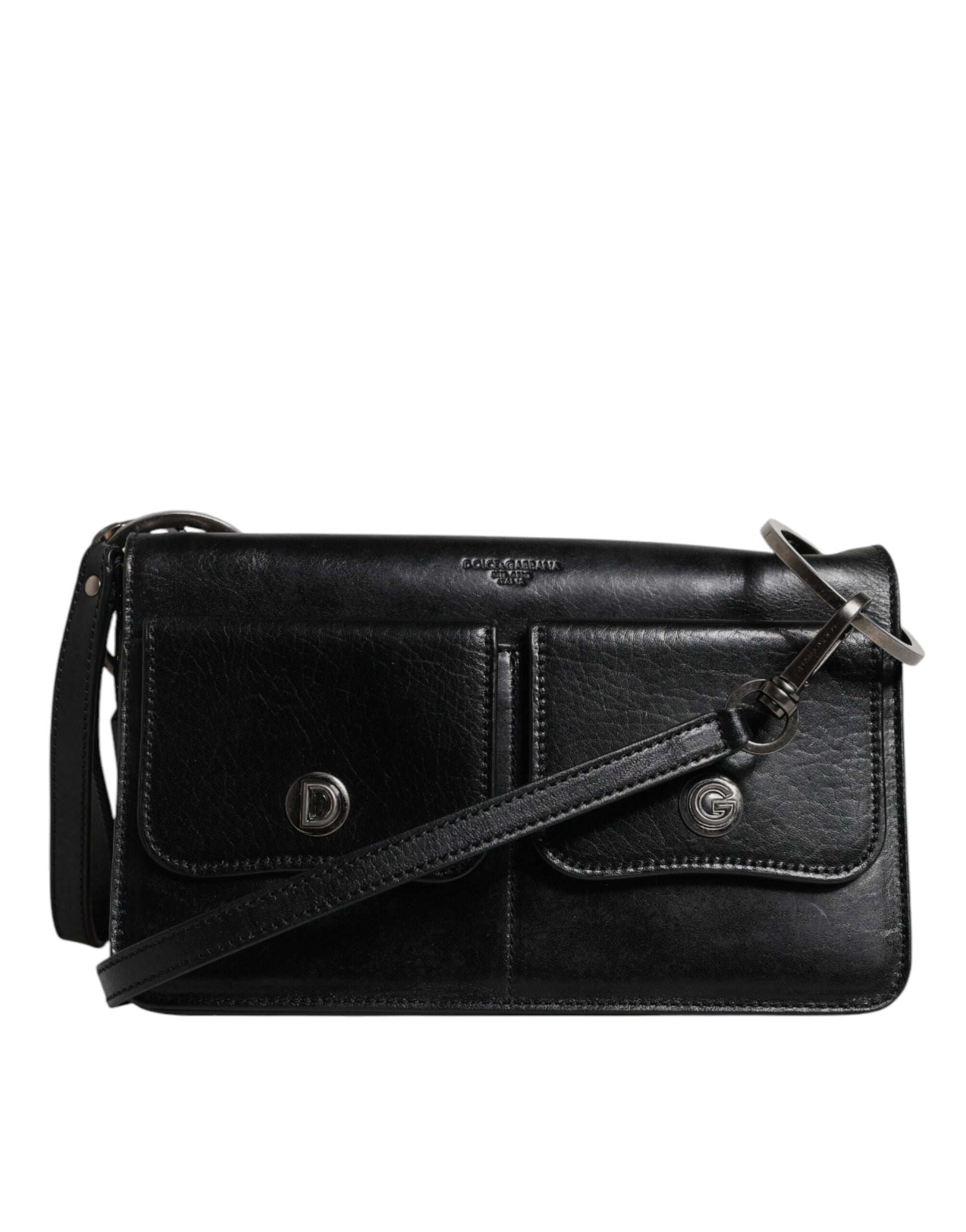 Black leather crossbody bag with silver hardware
