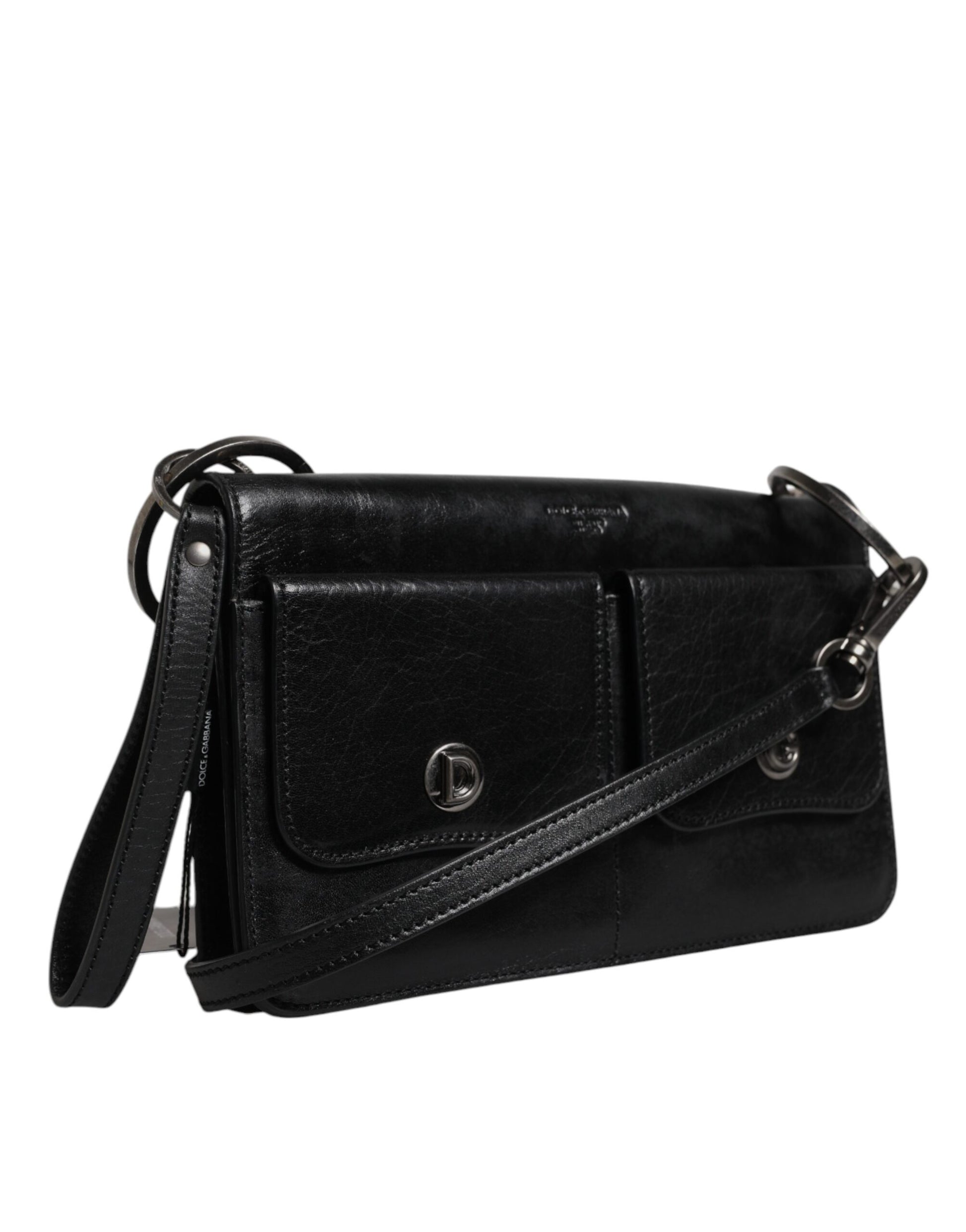 Black leather crossbody bag with silver hardware