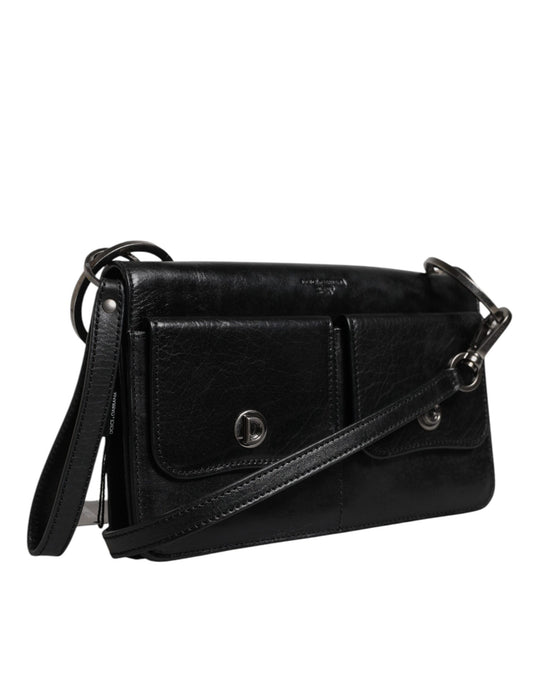 Black leather crossbody bag with silver hardware