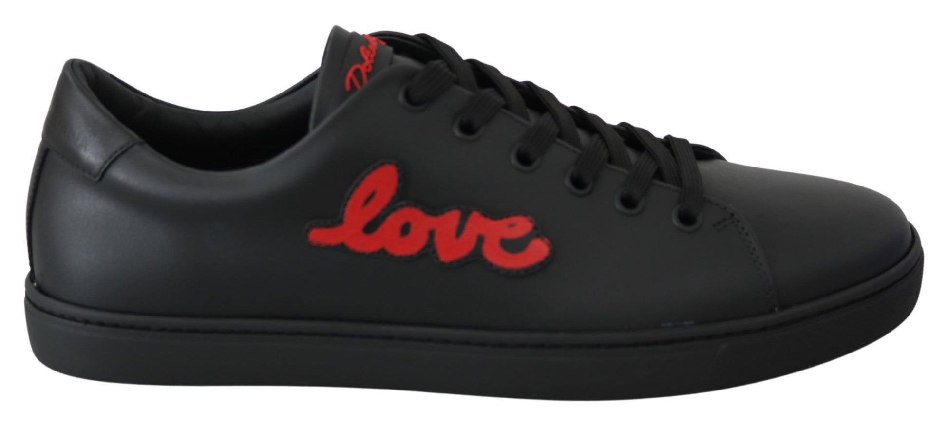 Black sneakers with red love logo on side