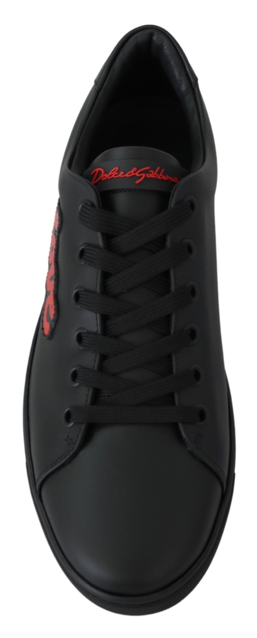 Black sneaker with white sole and red logo on side