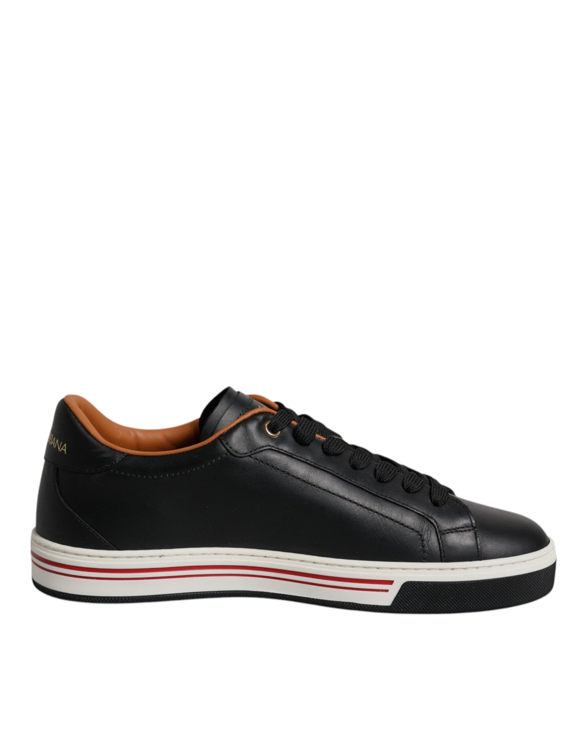 Black and white sneaker with red stripe on side