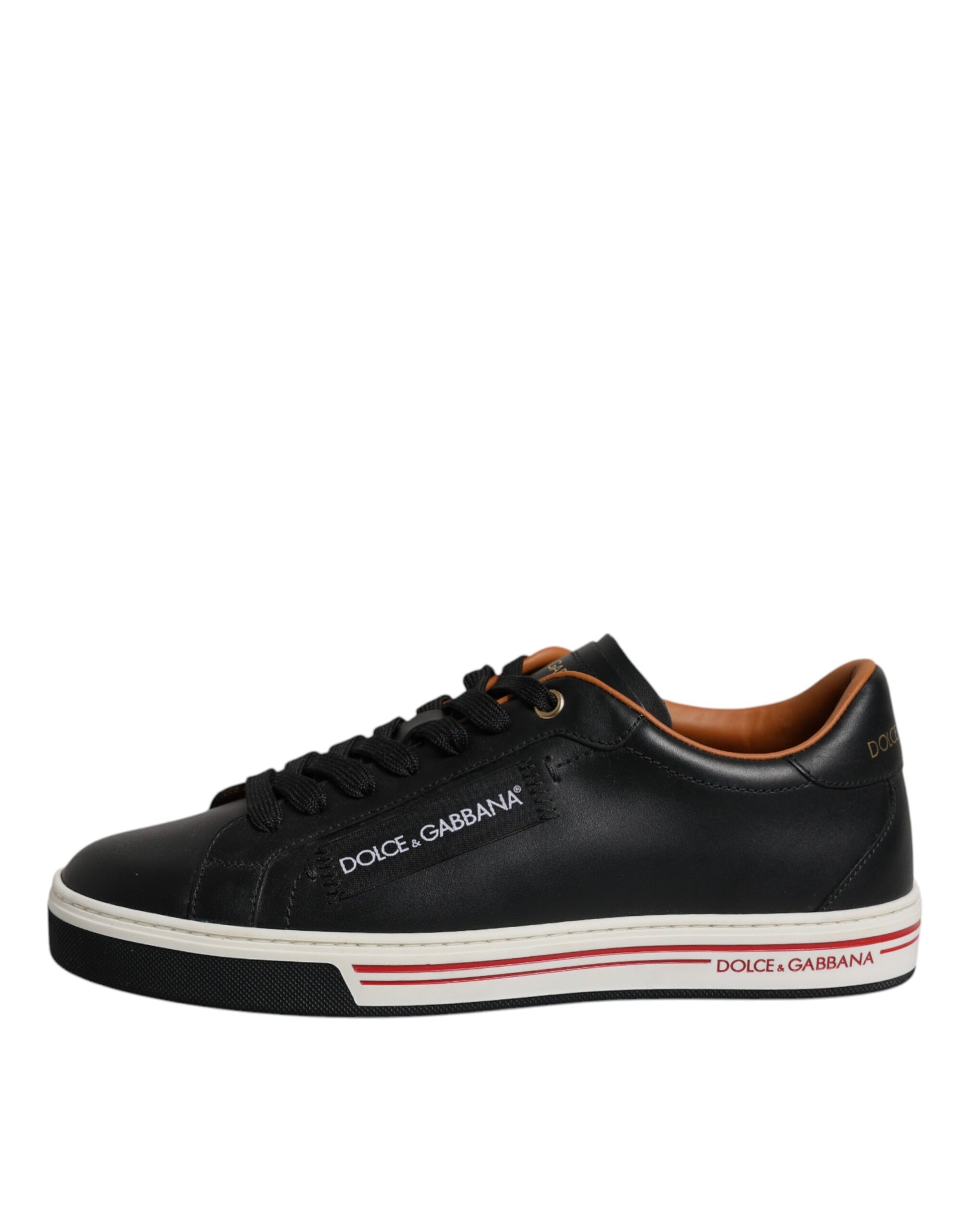 Black and white sneaker with red stripe on side