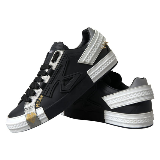 Black sneaker with white laces and gold accents