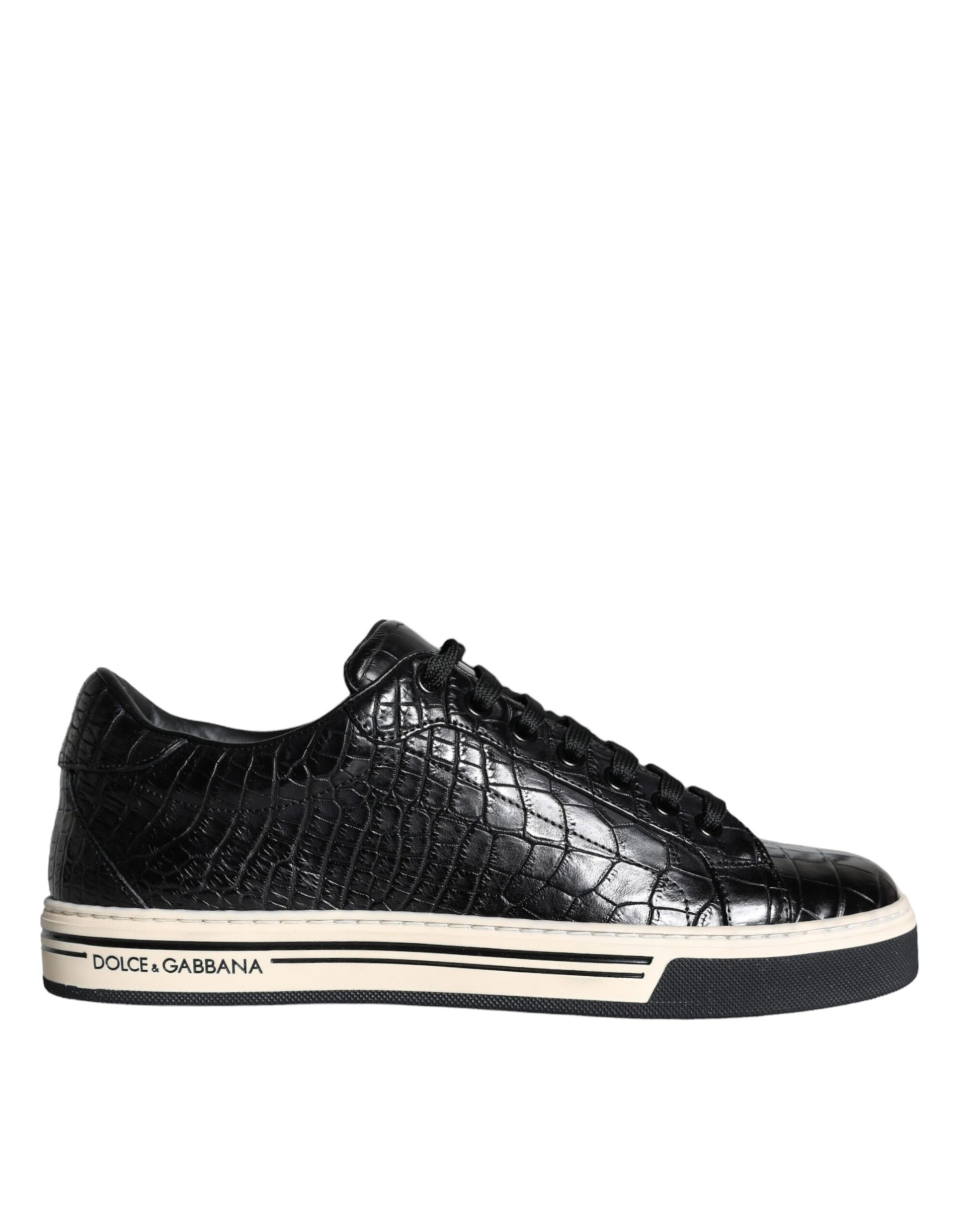 Black and white sneaker with a crocodile skin texture on the side