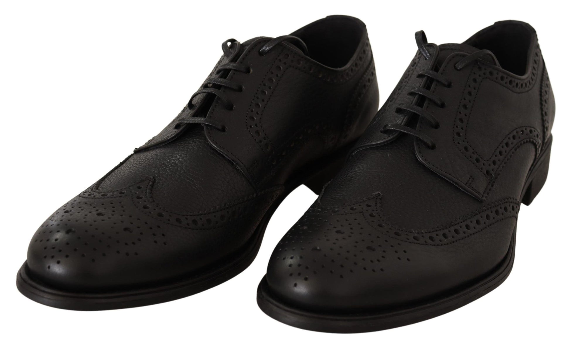 Pair of black leather dress shoes with laces and perforated detailing