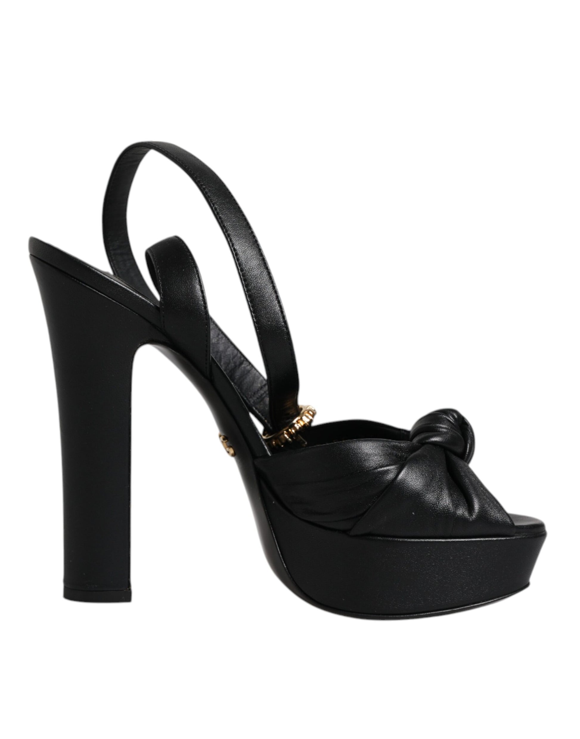 Black high heel shoe with strap over toe