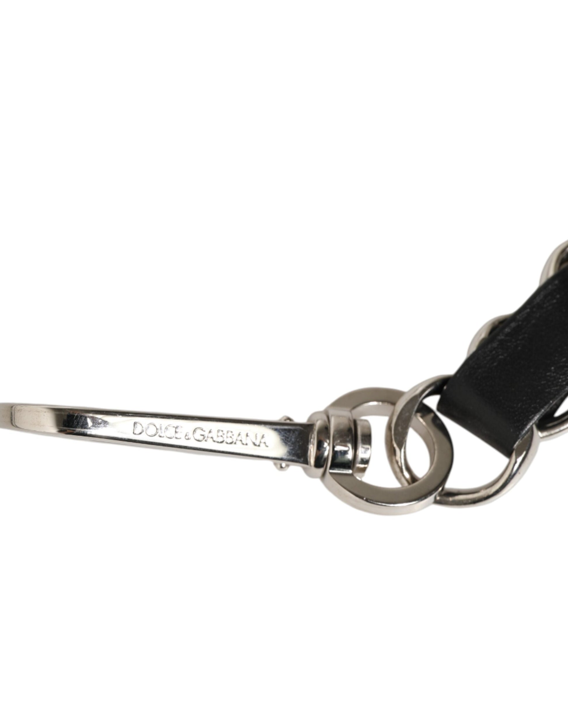 Silver key ring with black strap and logo