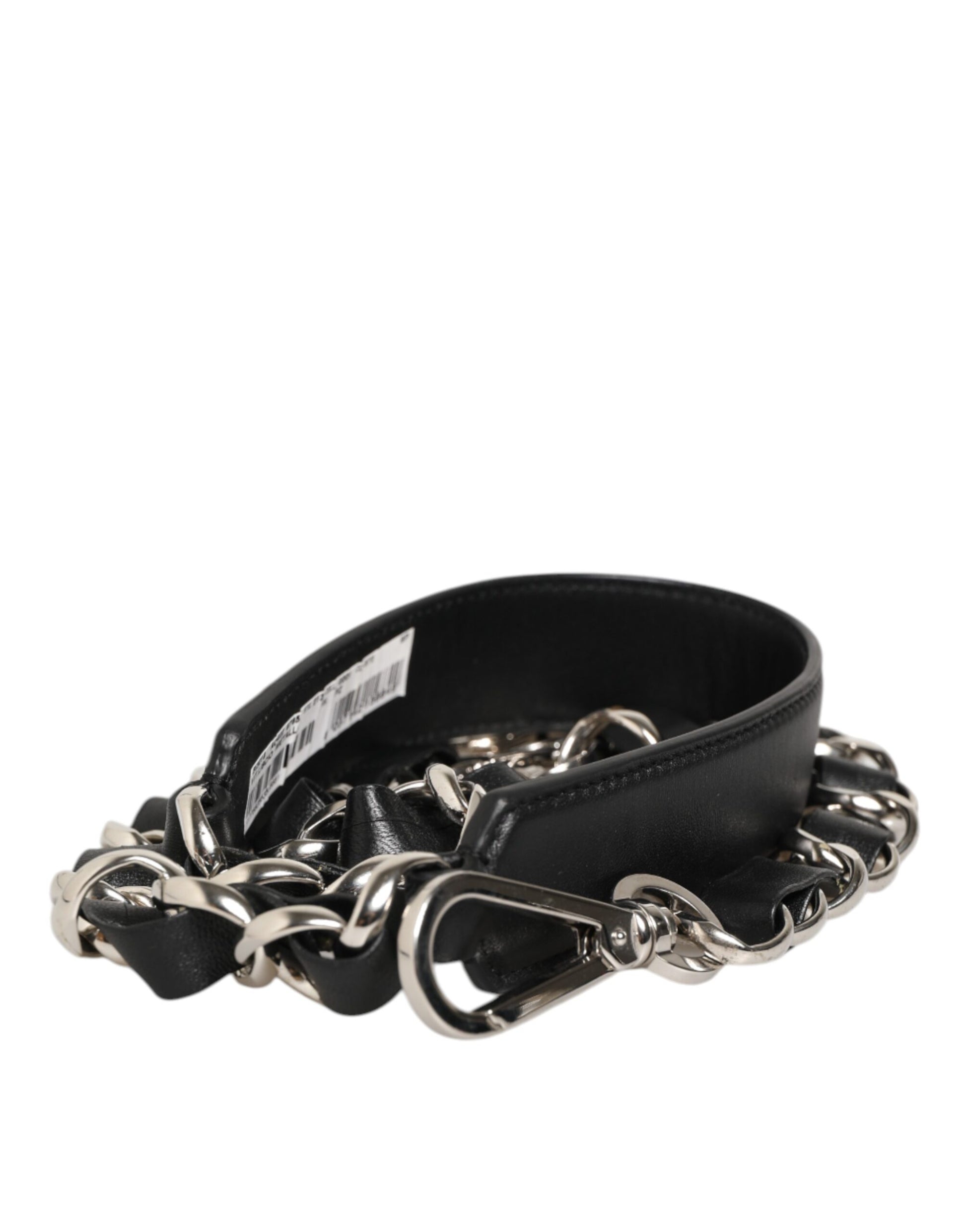 Black leather belt with silver chain links