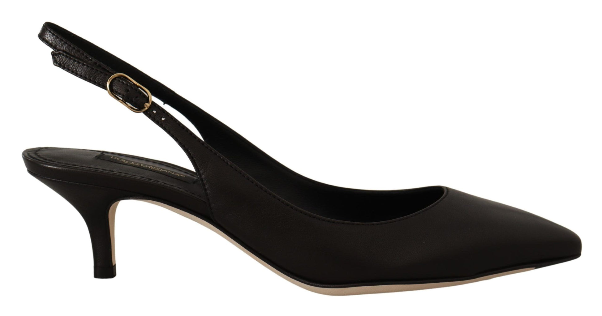 Black high heel dress shoe with strap and buckle detailing