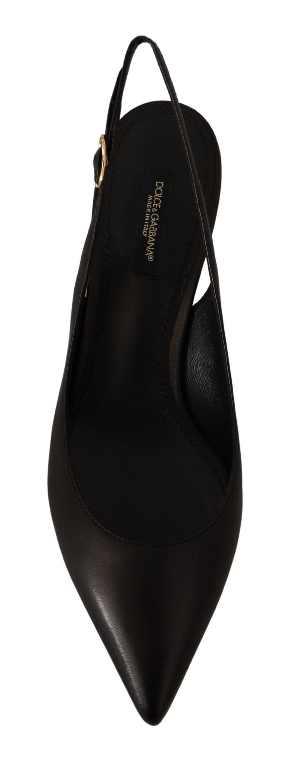 Black high heel shoe with strap detailing and gold accents