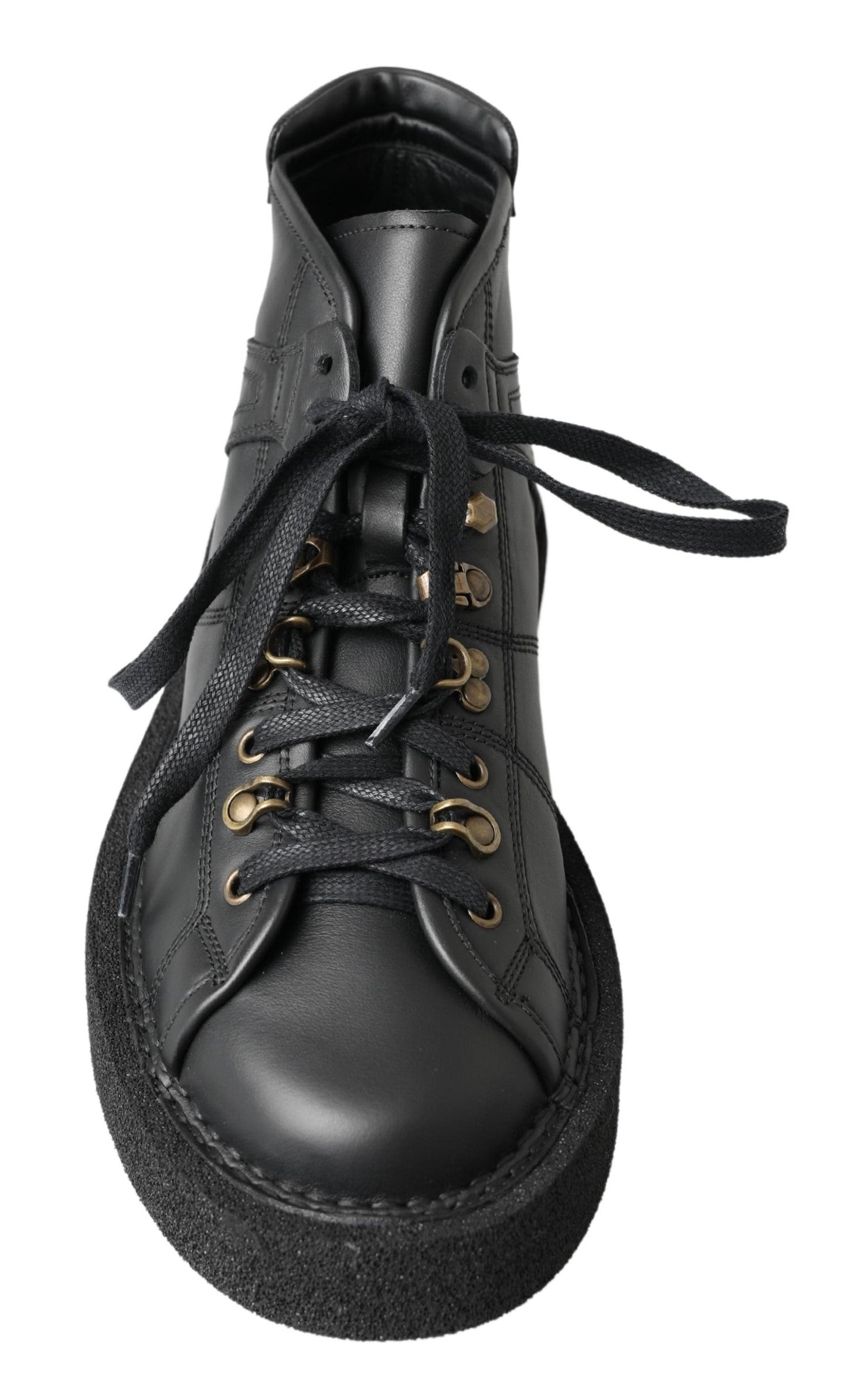 Black leather lace-up boot with gold eyelets and black laces