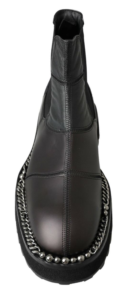 Black leather boot with embellished trim and heel