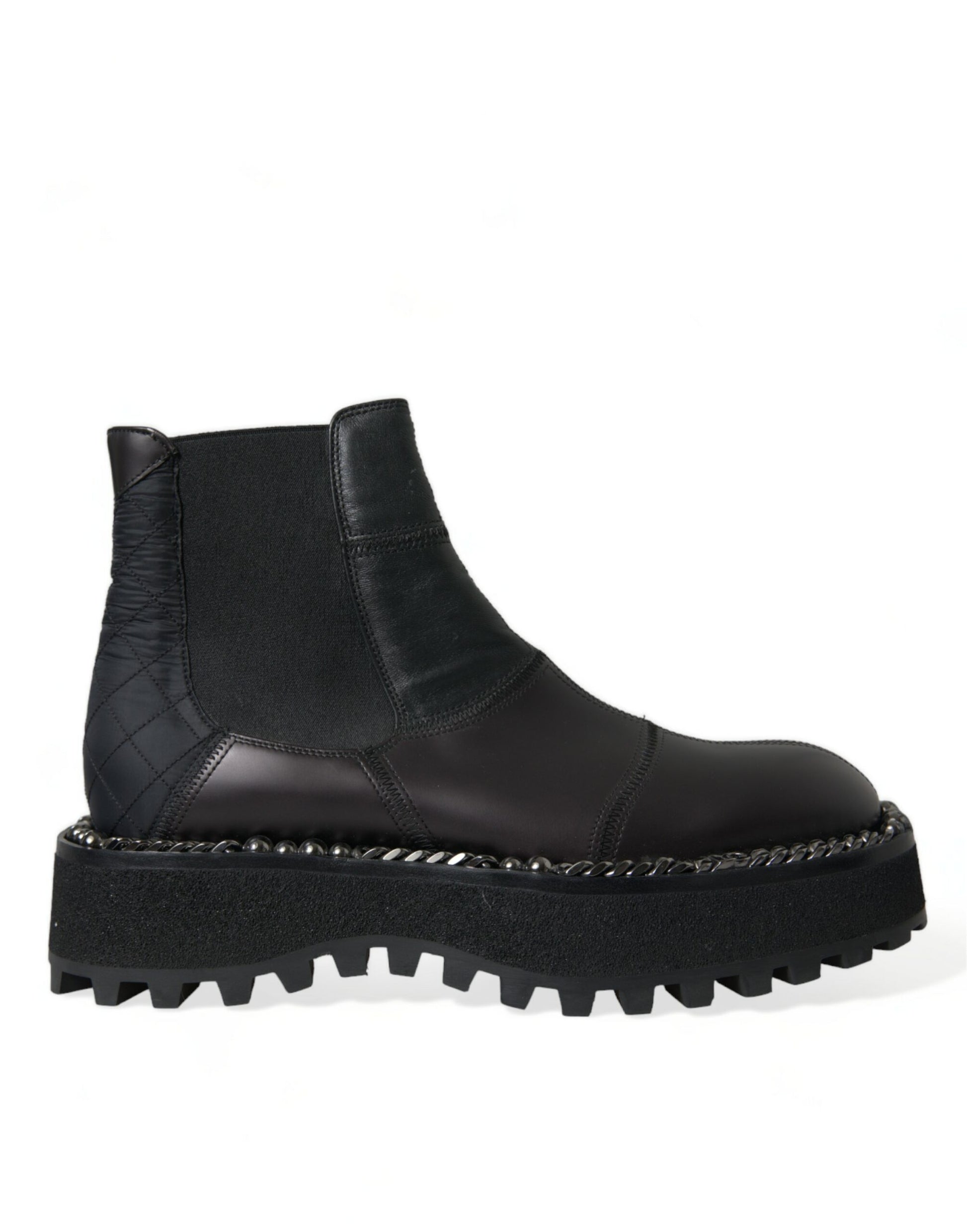 Black leather ankle boot with chunky heel and studded detailing