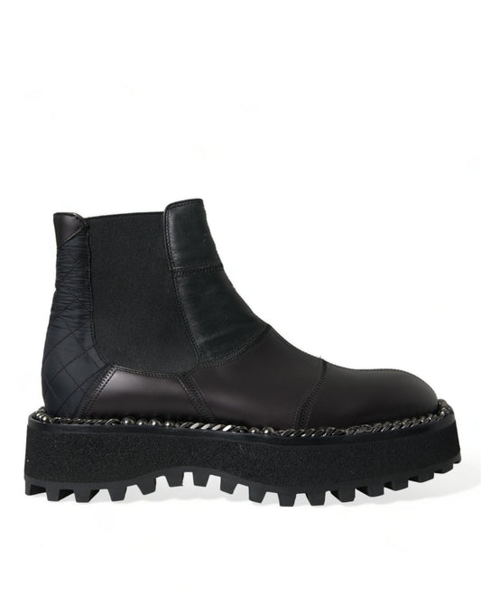 Black leather ankle boot with chunky heel and studded detailing