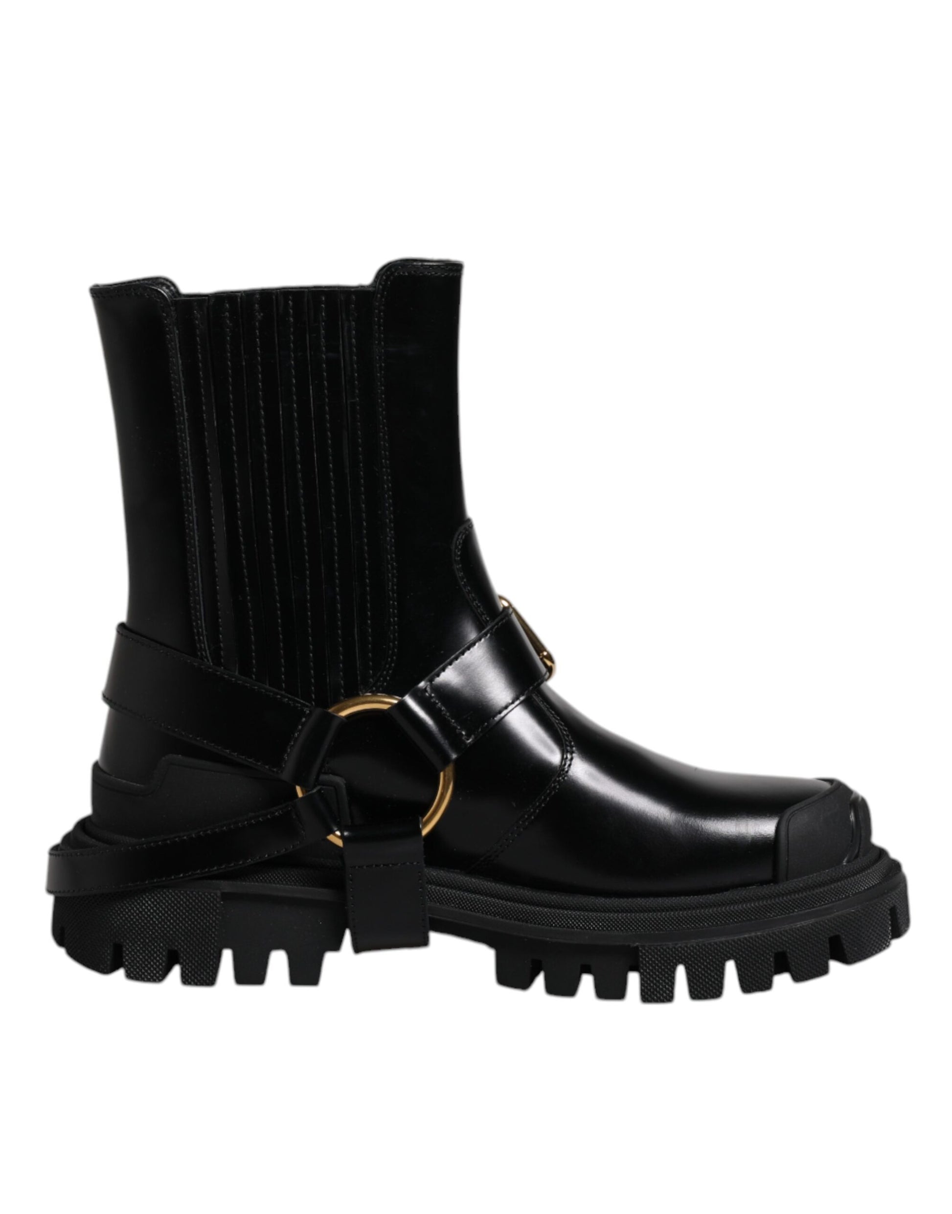 Black leather ankle boot with gold buckles