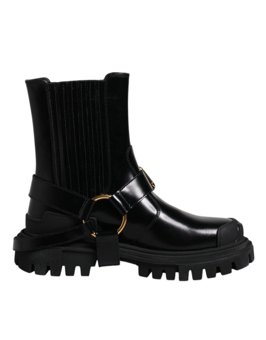 Black leather ankle boot with gold buckles