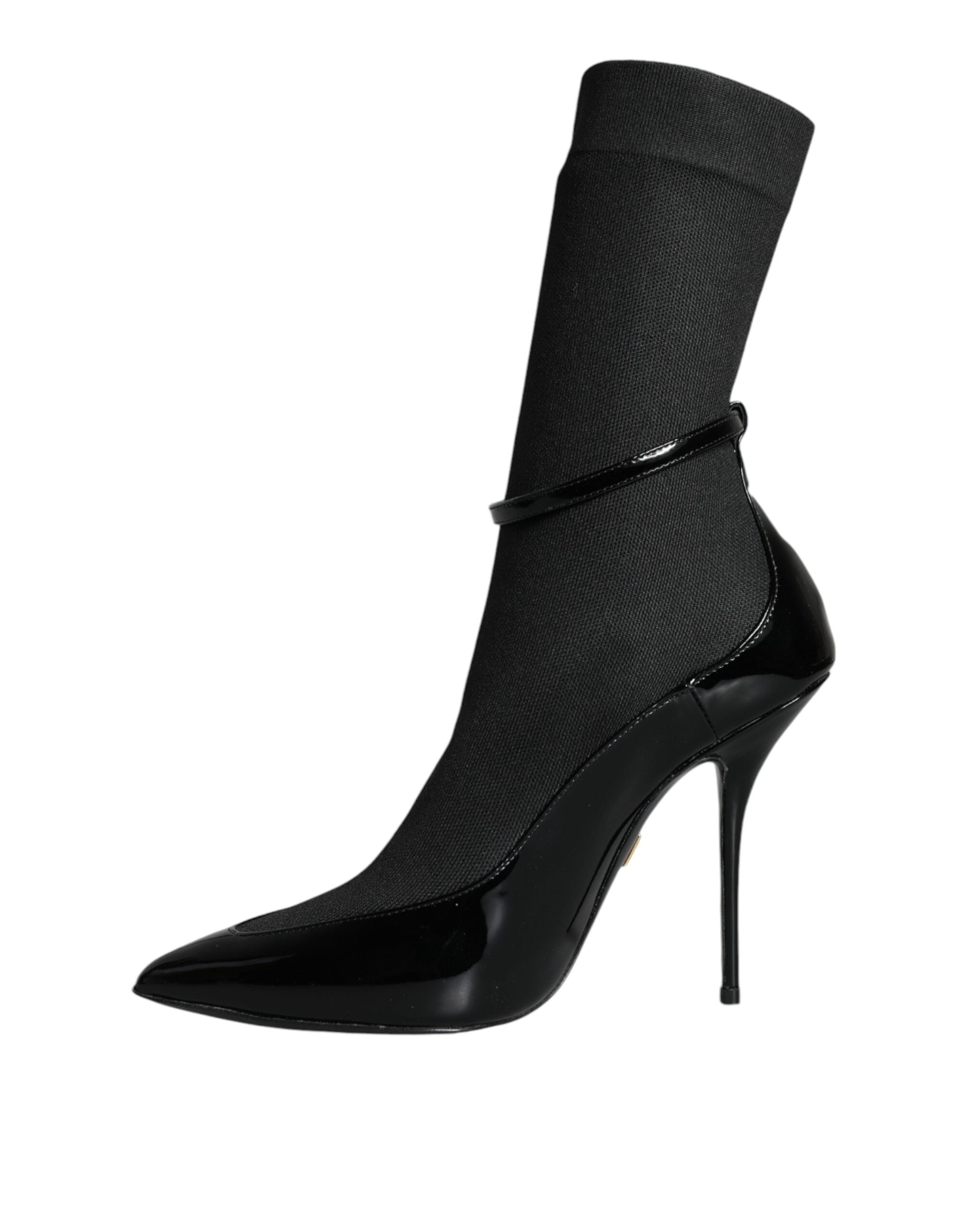 Black high heel boot with a strap over the ankle