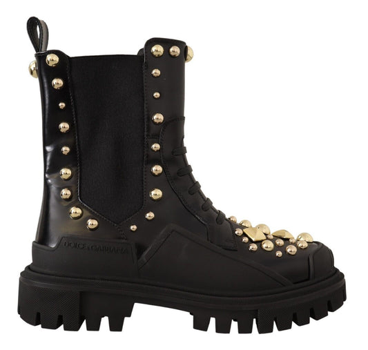 Black leather boot with gold studs and laces