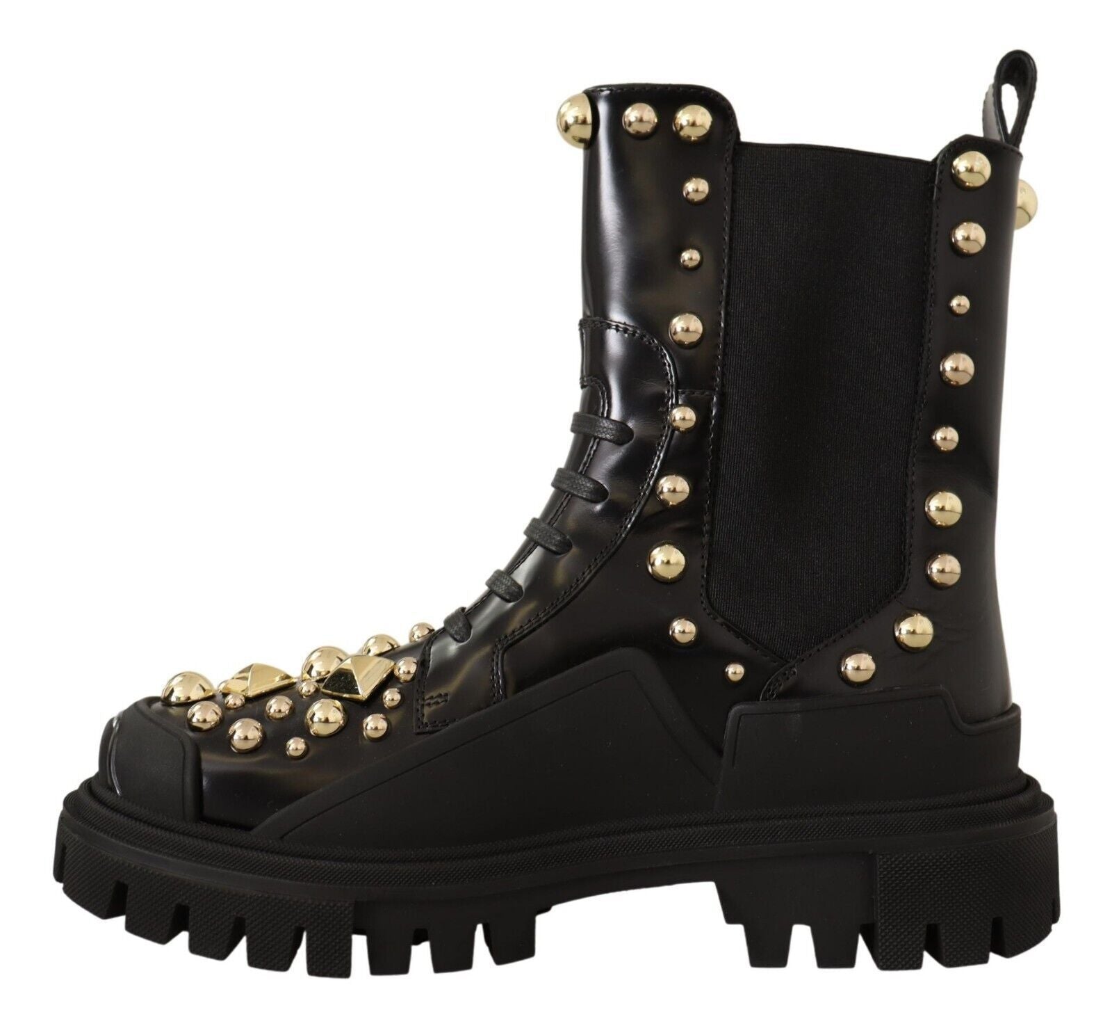 Black leather boot with gold studs and a chunky sole