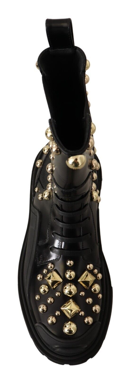 Black leather boot with gold studs and buckle