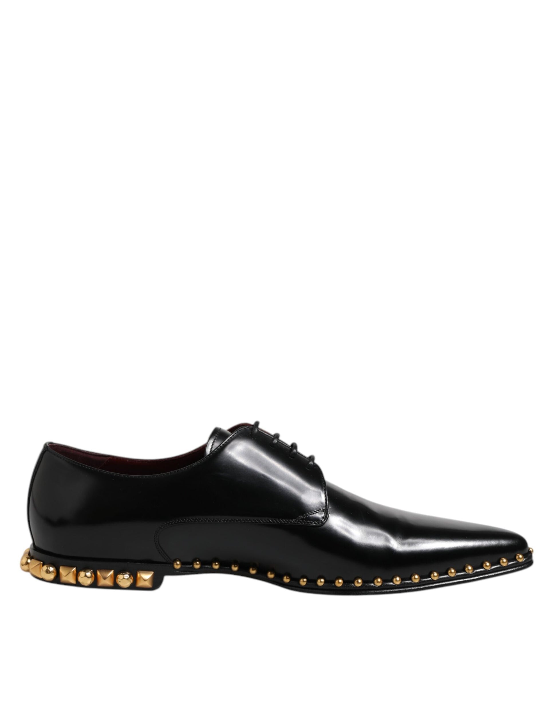 Black leather men's dress shoes with gold studs and laces, featuring a derby style