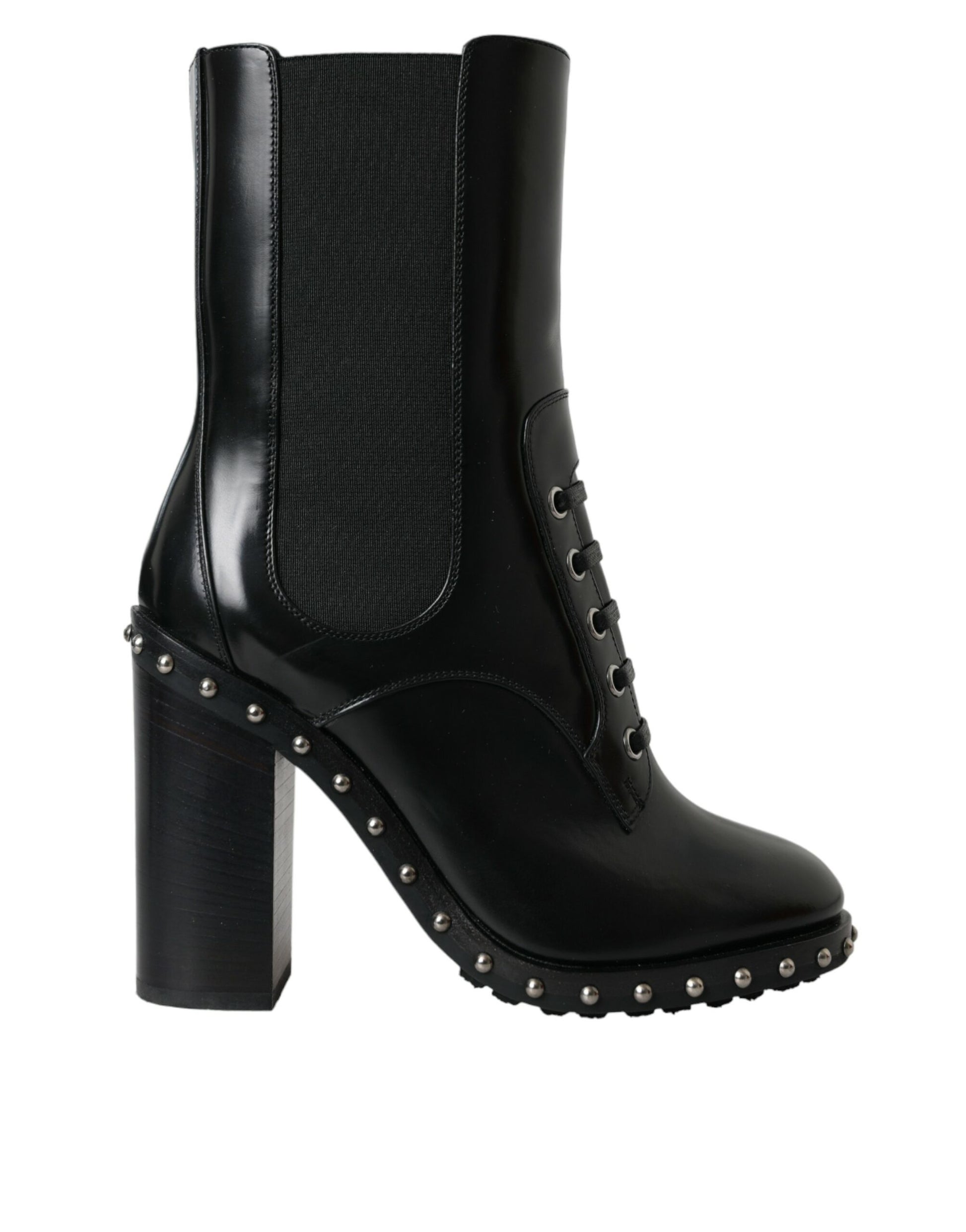 Black ankle boot with studded details and a chunky heel