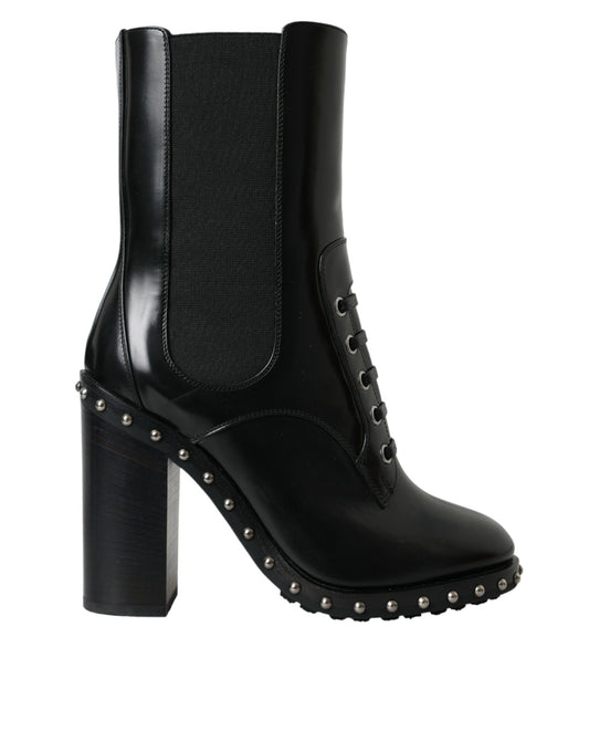 Black ankle boot with studded details and a chunky heel
