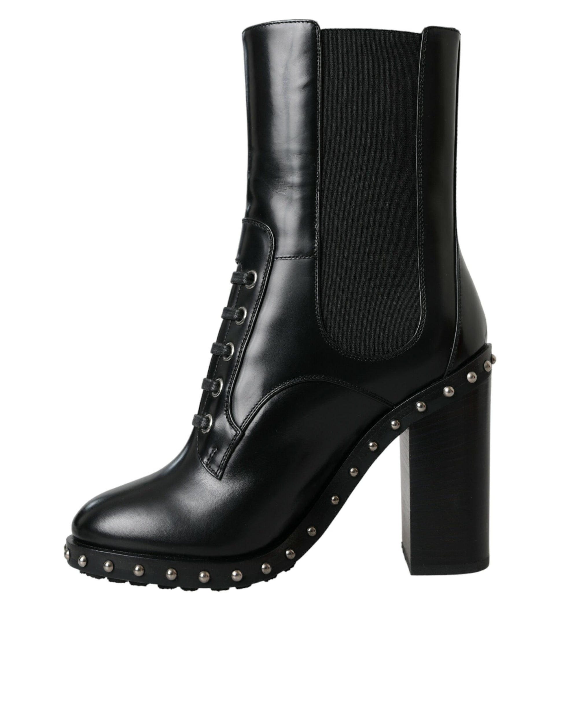 Black leather boot with metal studs and laces