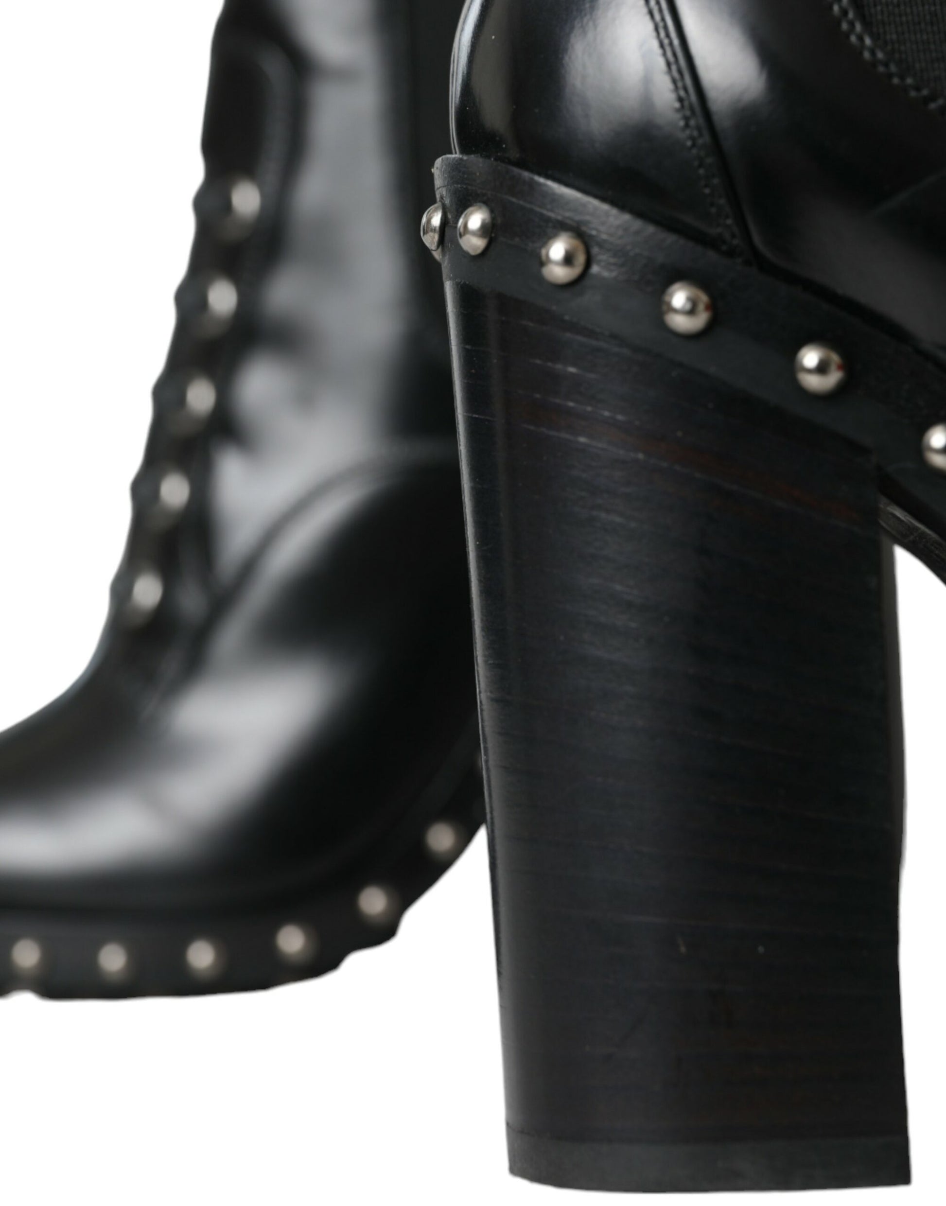 Black leather boot with studded detailing and a high heel