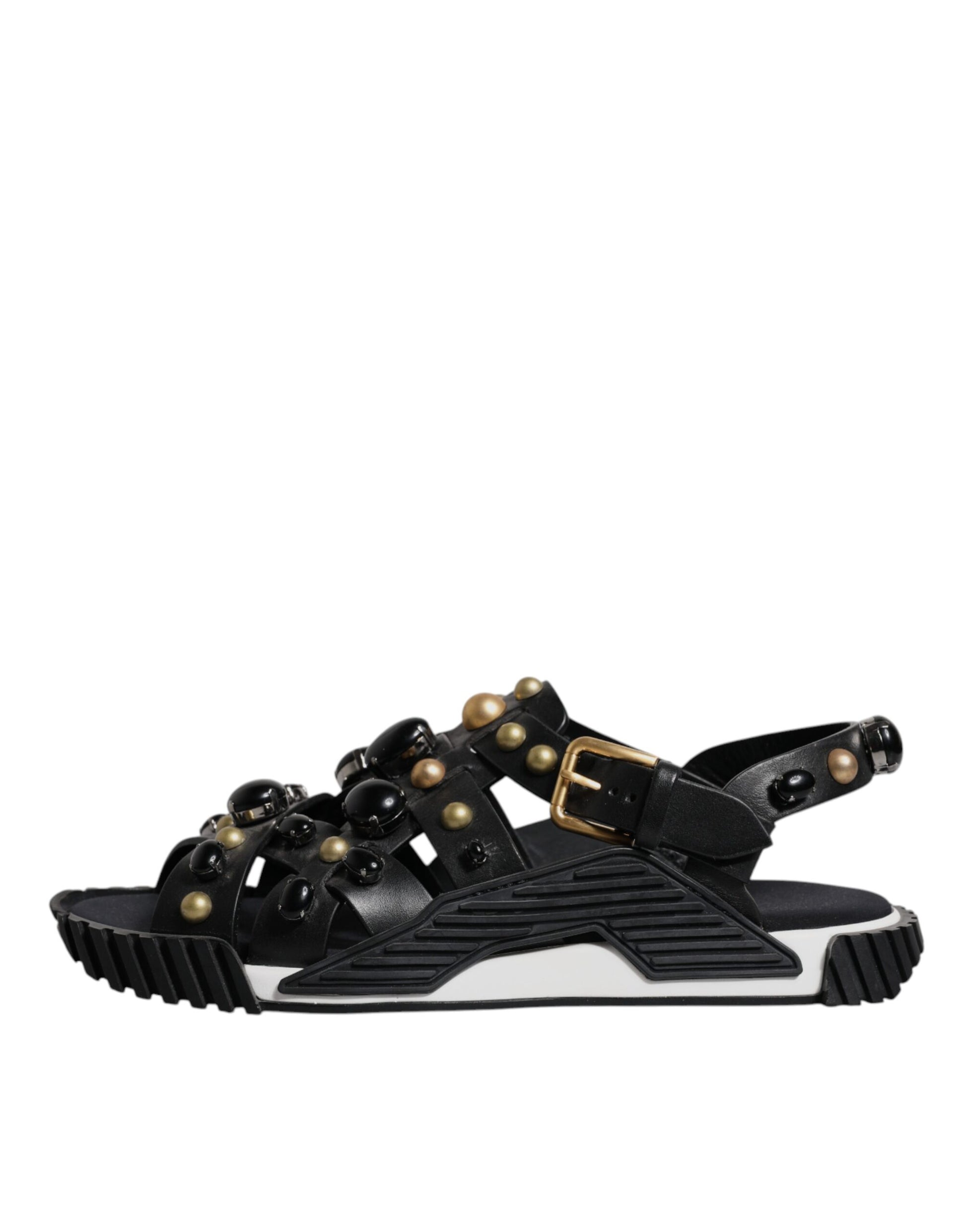 Black sandal with gold accents and multiple straps