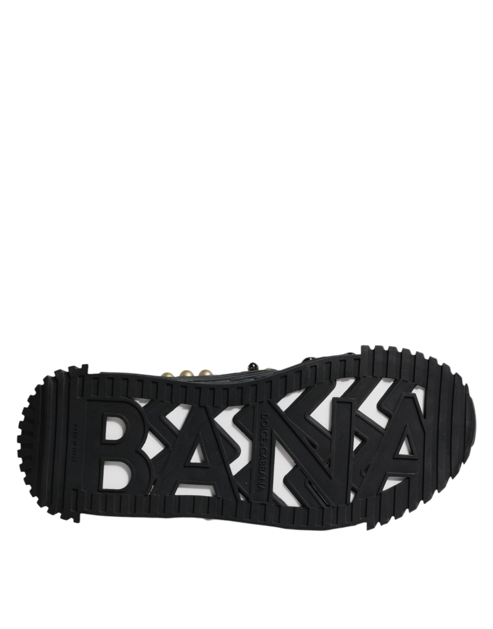 Black shoe with white lettering