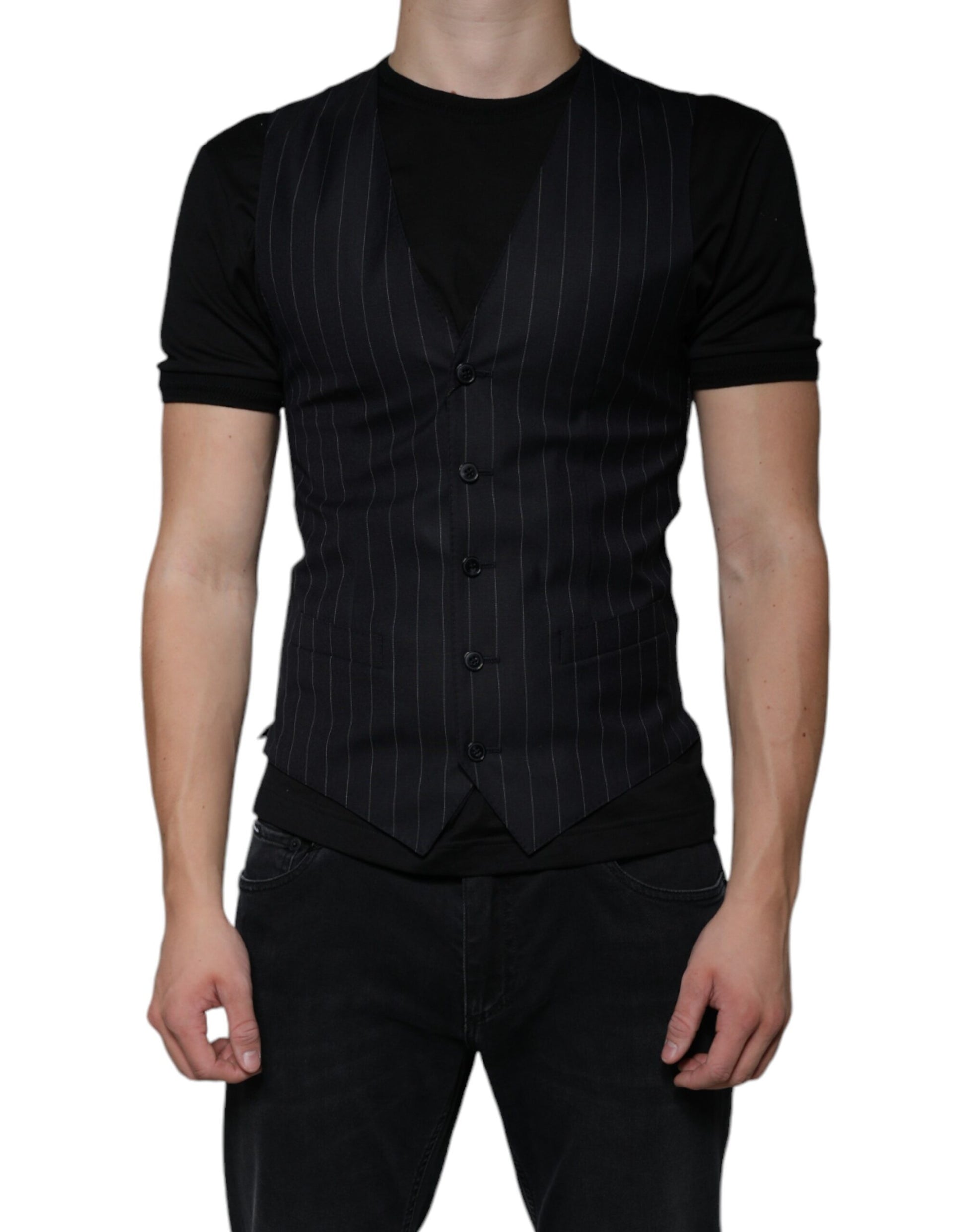 A black leather waistcoat with a vest design, featuring a lapel collar and buttons