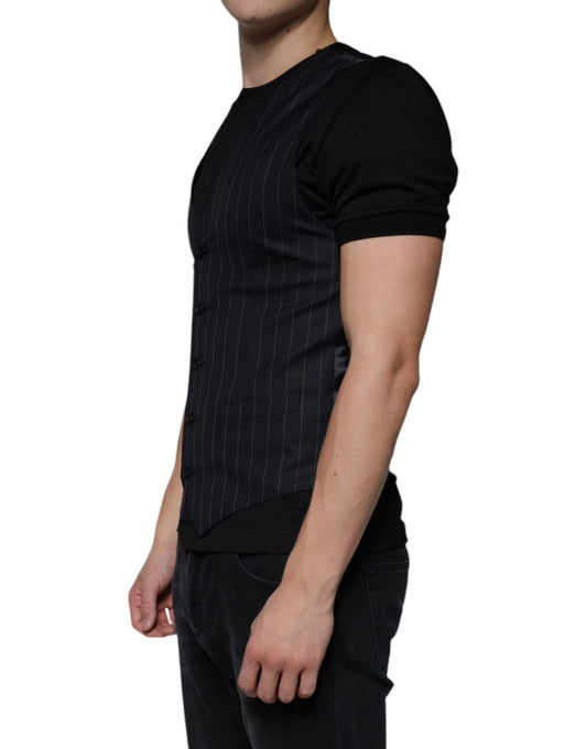 A black leather waistcoat with a sleeveless design