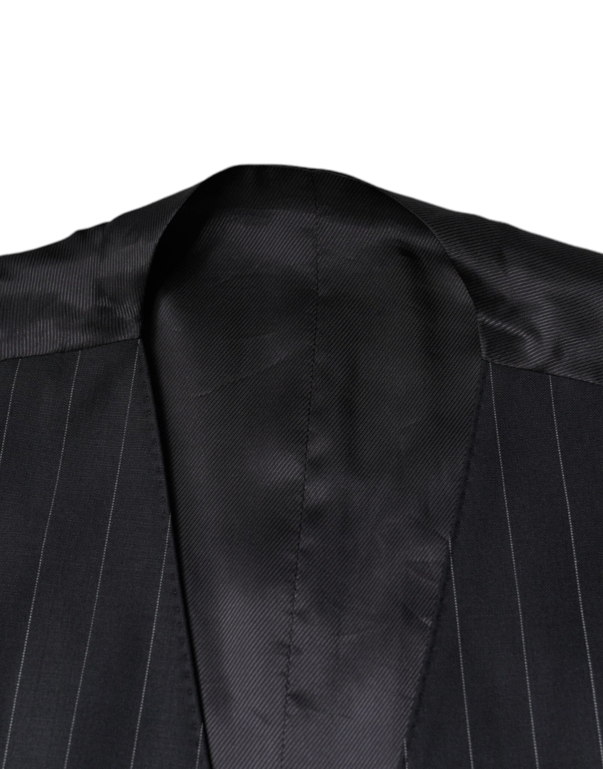 A black leather waistcoat with a pinstripe design