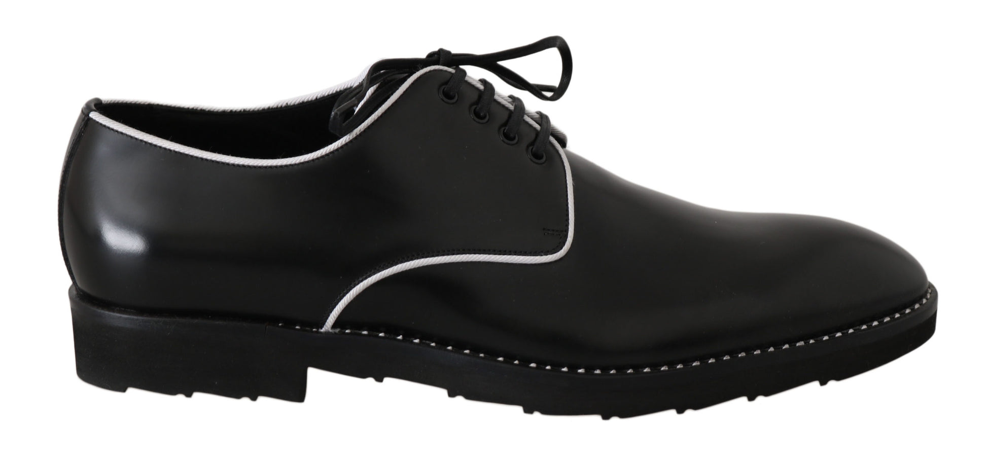 Black lace-up dress shoe with white stitching and sole