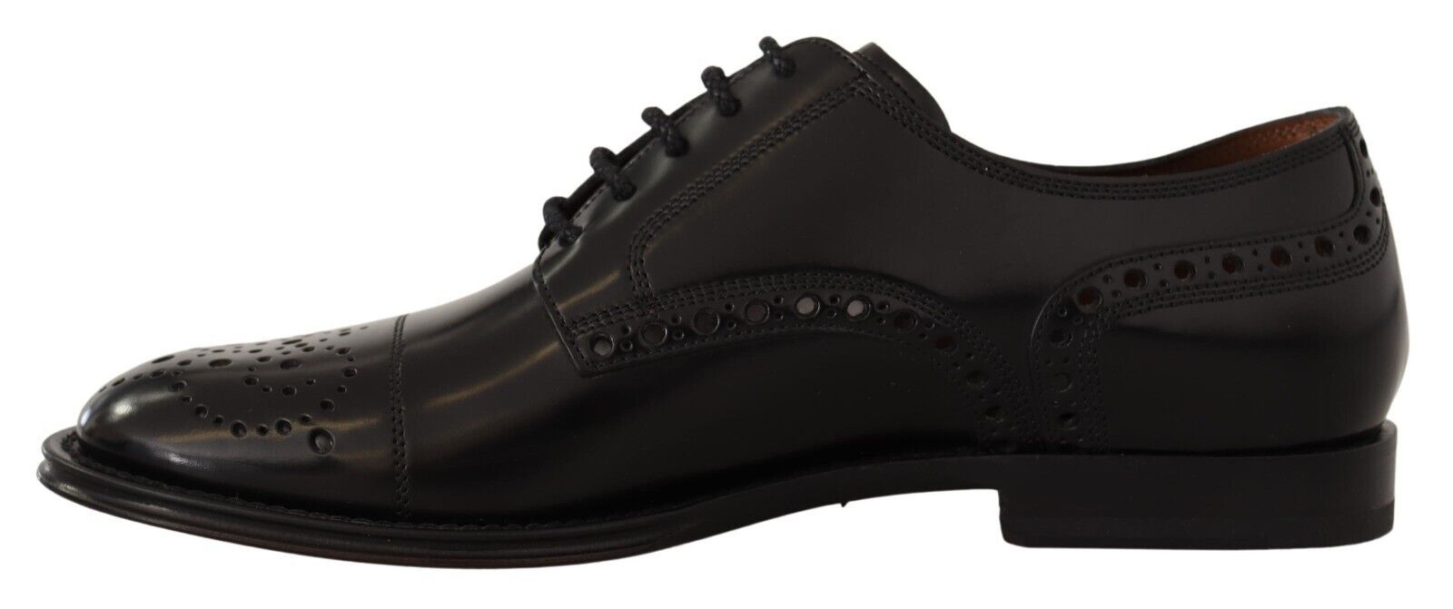 Pair of black dress shoes with laces and a bow tie design on the vamp