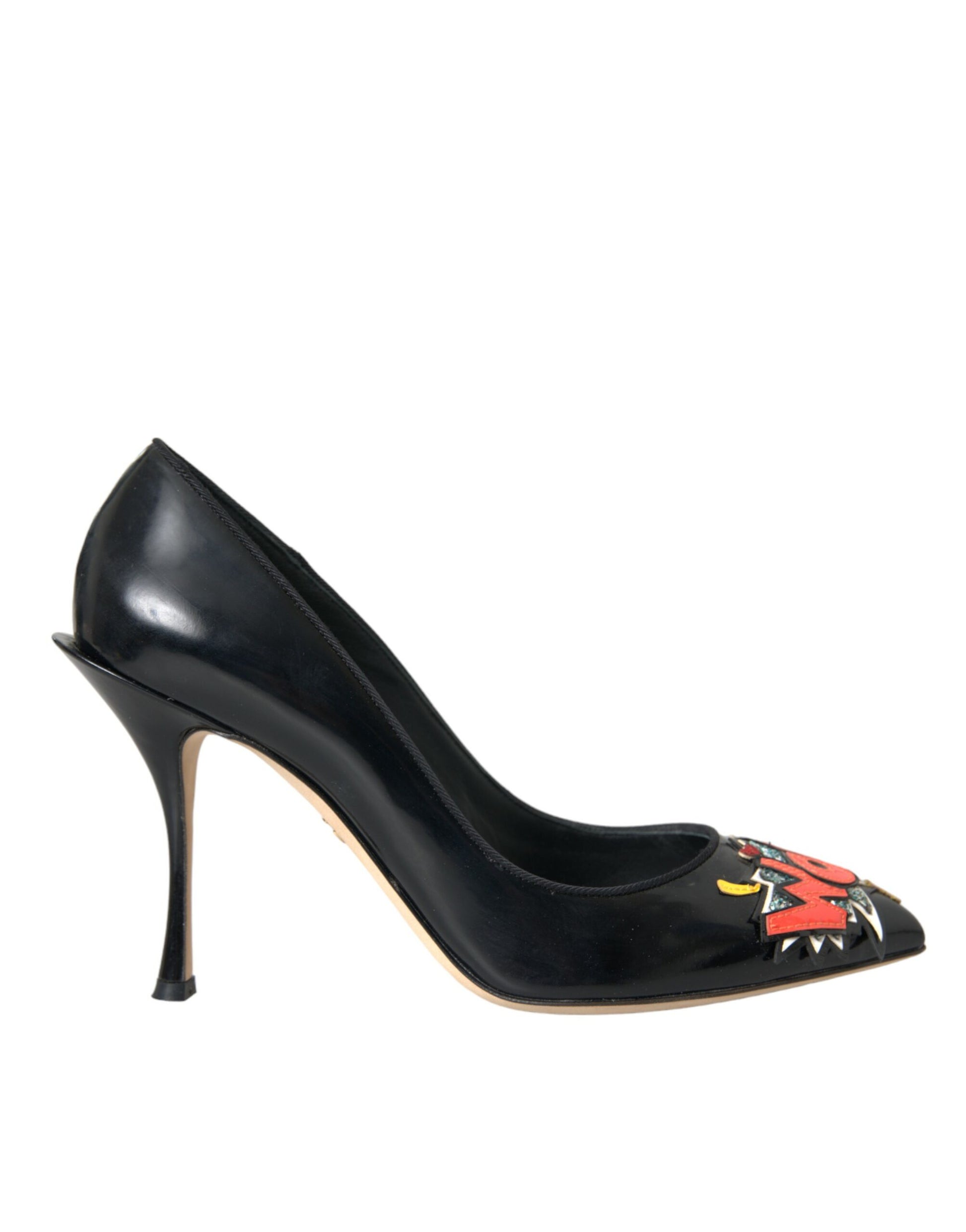 Black high heel shoe with embellishment on toe