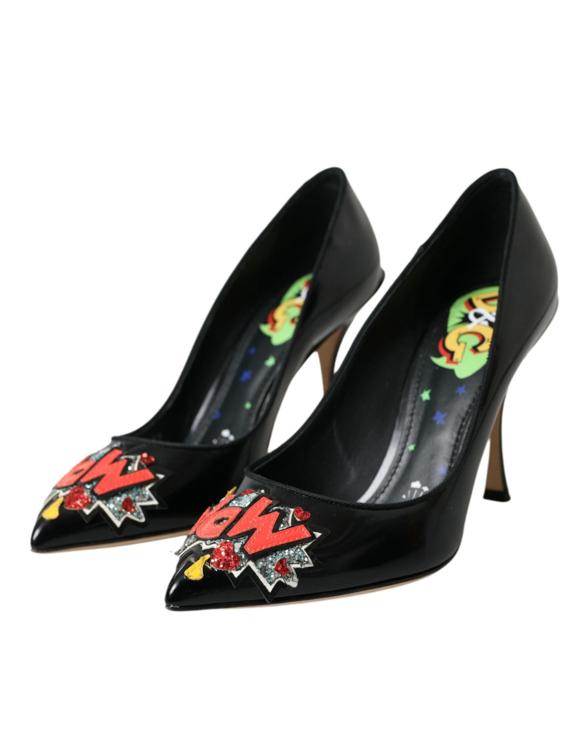 Black high heel shoes with colorful design on toe