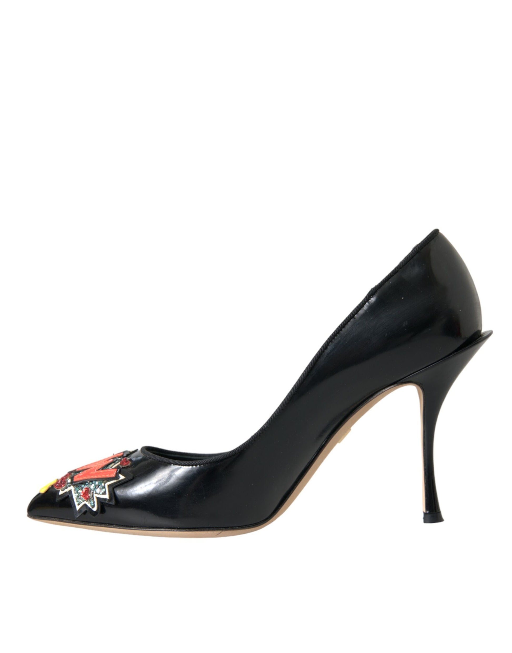 Black high heel shoe with embellishment on toe