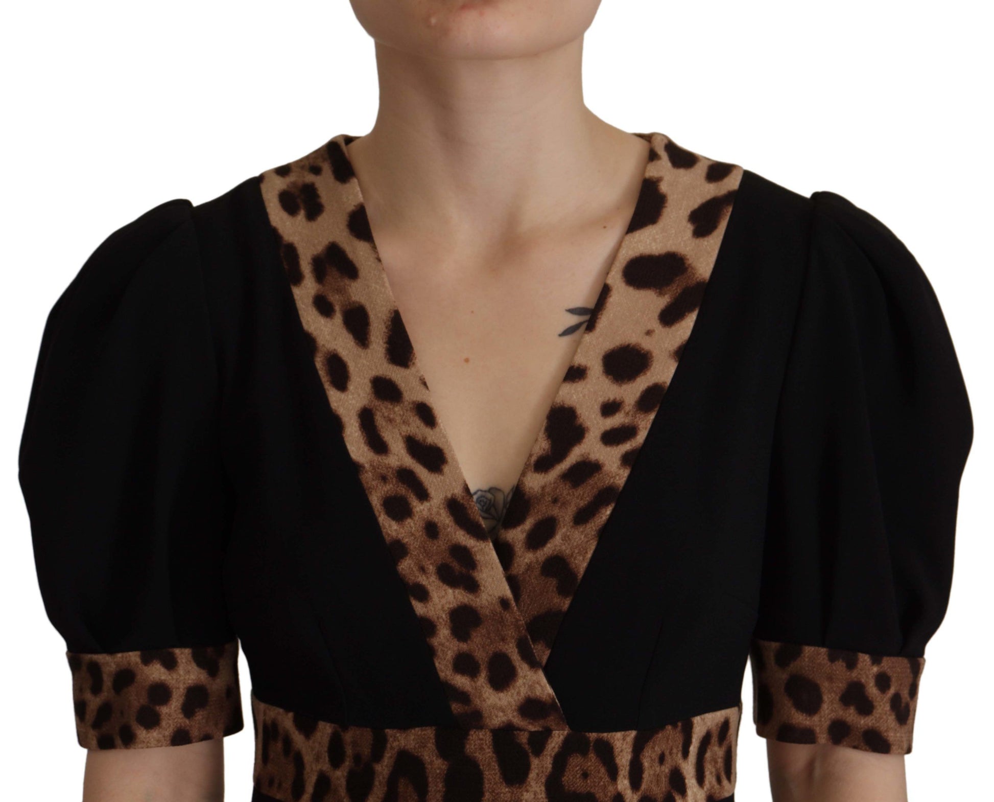Leopard print dress with black trim, V neck, and short sleeves