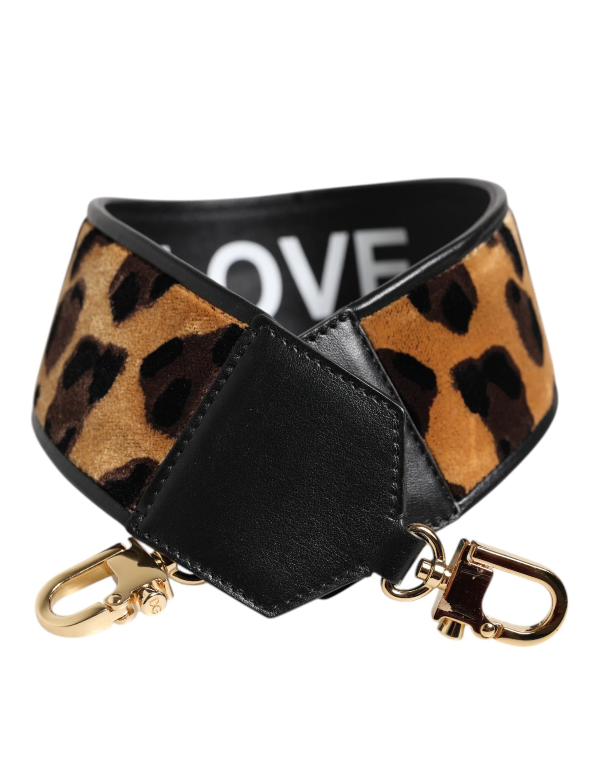 Leopard print dog collar with black leather trim and gold hardware