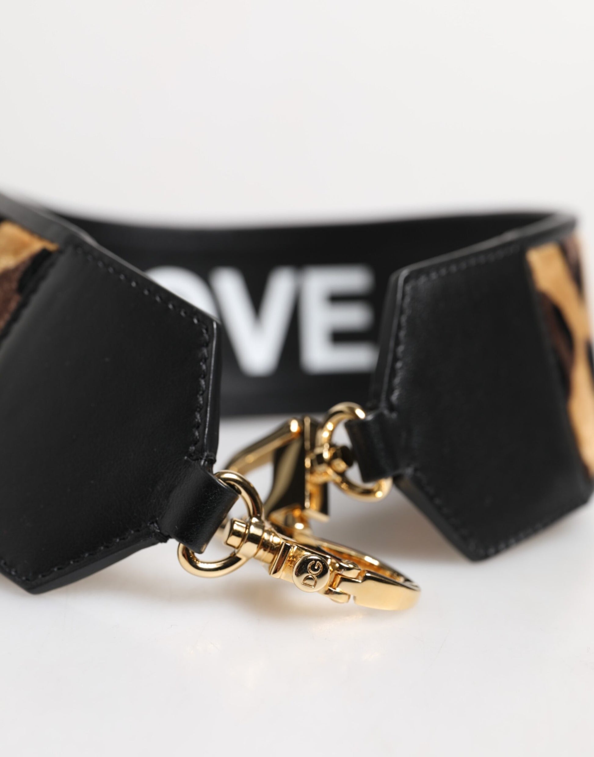 Black leather dog collar with gold buckle and keychain