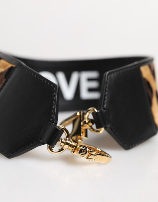 Black leather dog collar with gold buckle and keychain