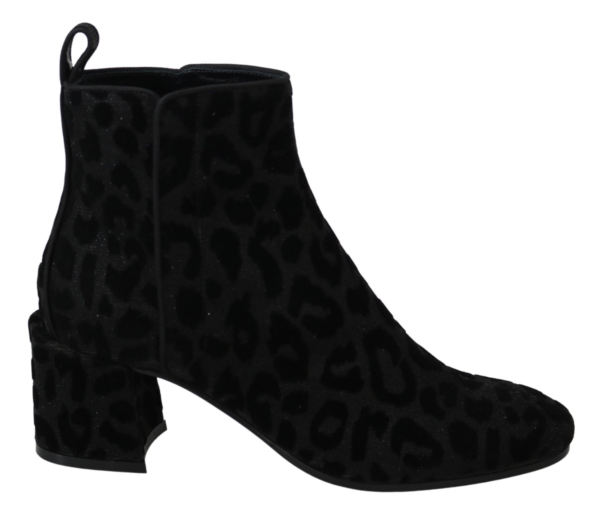 Black suede boot with animal print pattern on side