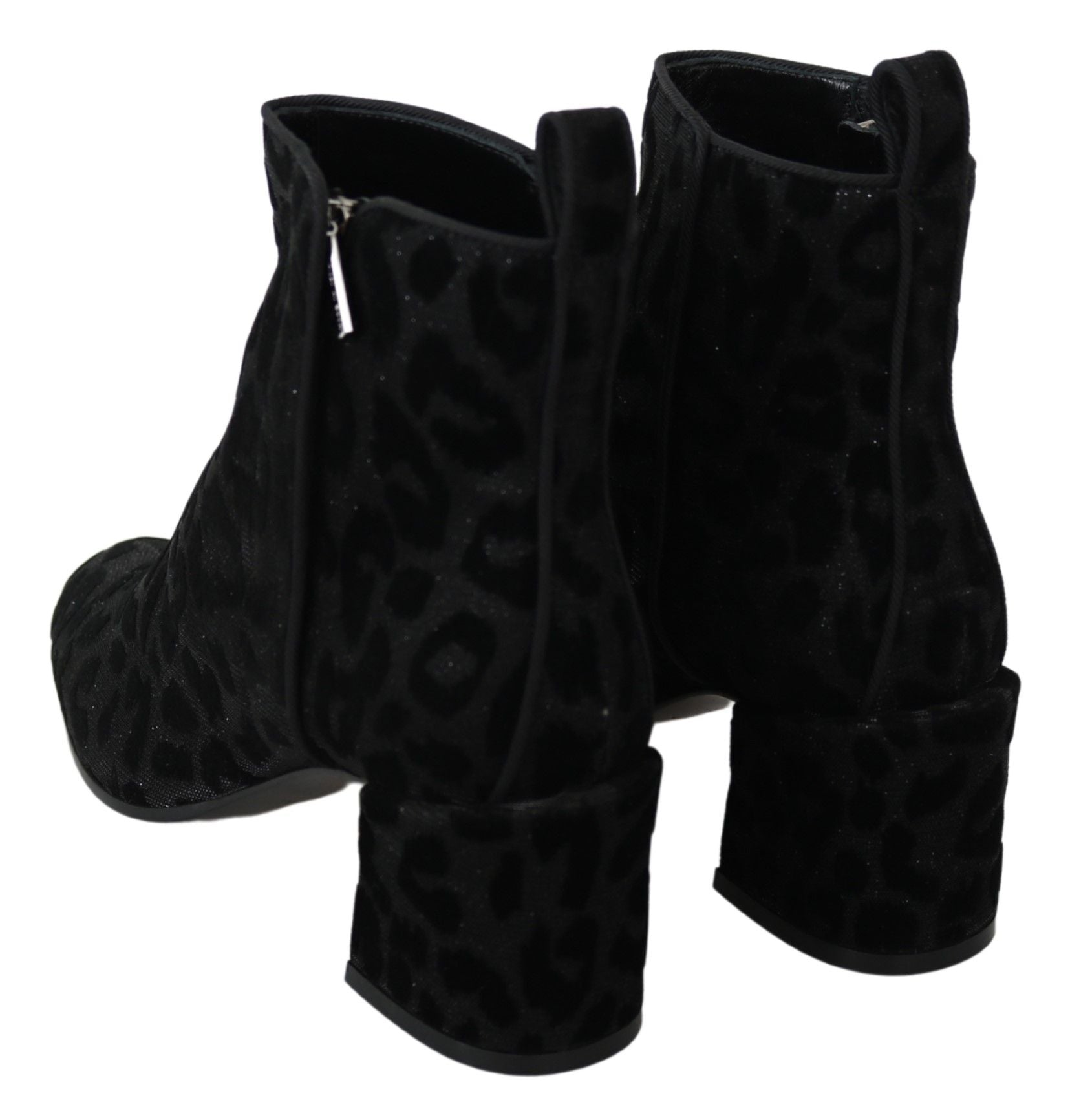 Pair of black suede boots with animal print detailing