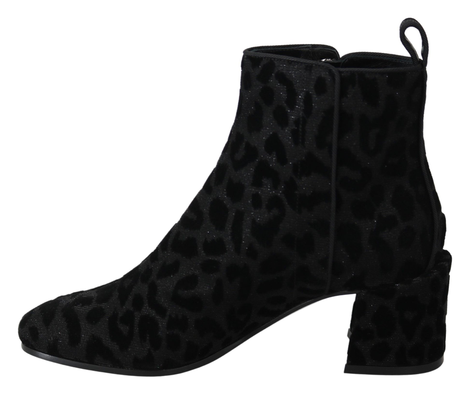 Black leopard print suede boot with glittery accents