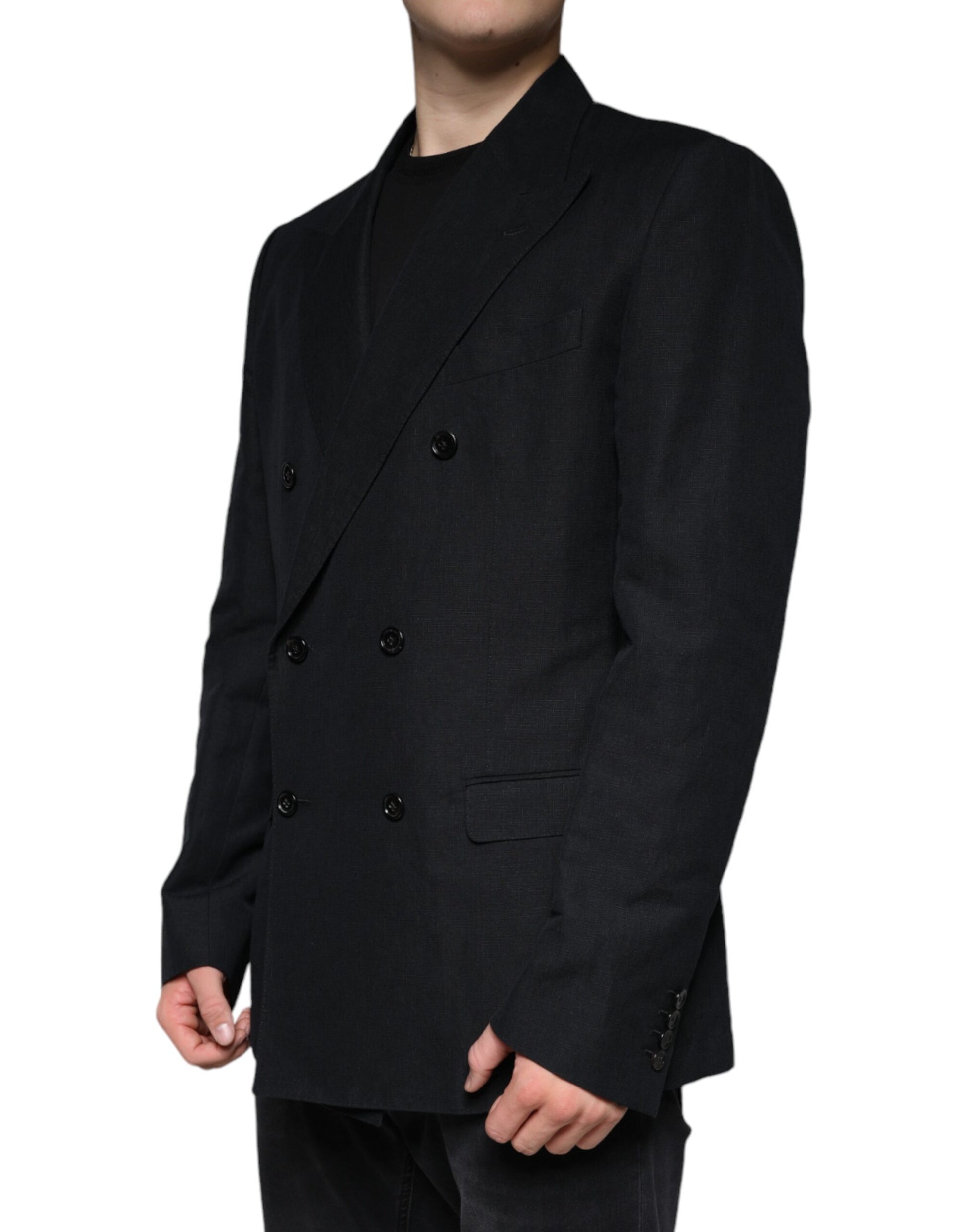 A black double-breasted blazer with buttons and a lapel collar, part of the Dolce & Gabbana collection