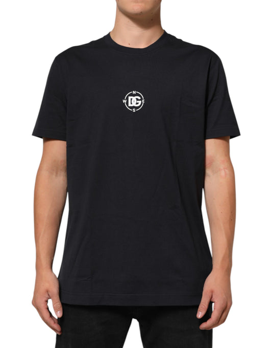 Navy blue t-shirt with white stripes on sleeves
