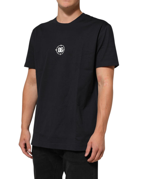 Navy blue t-shirt with white logo on front